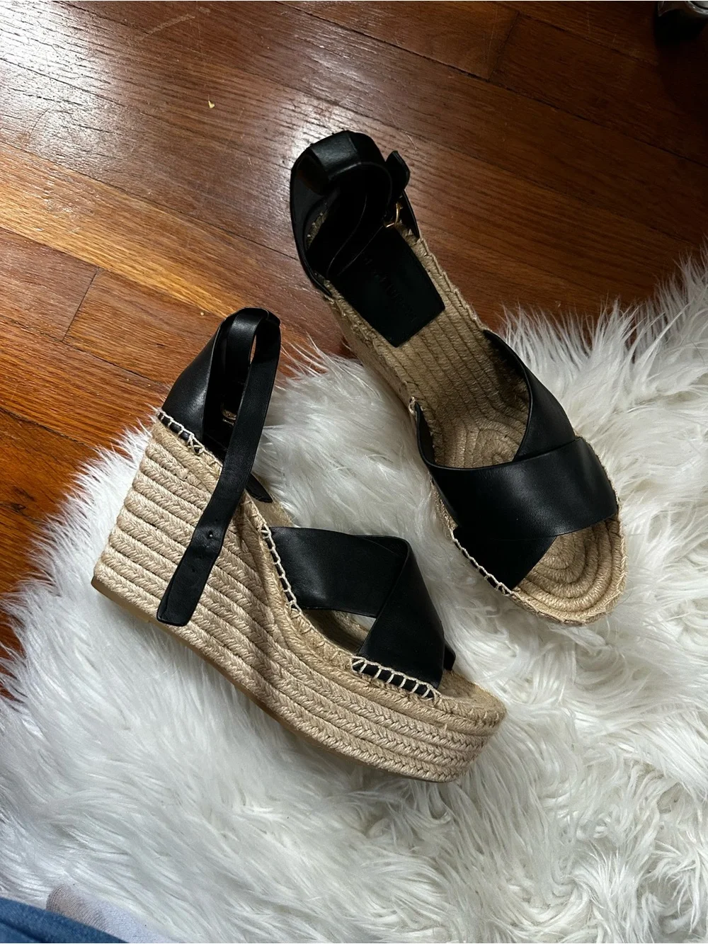 Tory Burch Shelby Black Espadrille Wedge Sandals with Ankle Strap 8.5